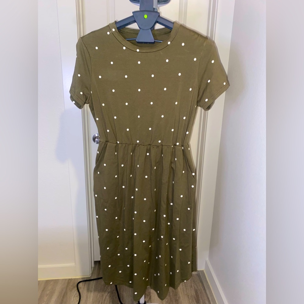 Olive Green Polka Dot Dress w/ pockets